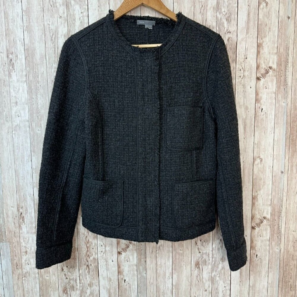 Vince Womens Blazer Jacket Raw-Edge Trim Collarless Patch Pockets Dark Gray 10